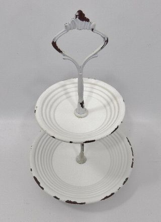 Small Size Chippy White Painted Metal Two Tiered Dish Potpourri Jewelry Etc