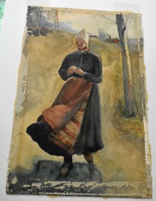 Antique French Watercolor of a Young Girl Walking on a Path - France 4
