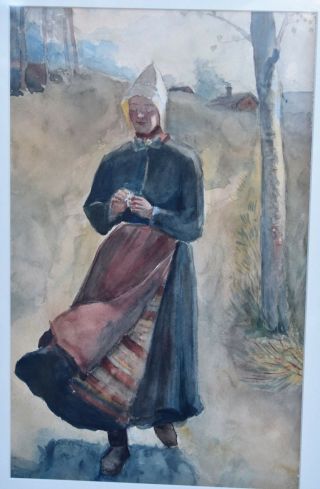 Antique French Watercolor of a Young Girl Walking on a Path - France 7
