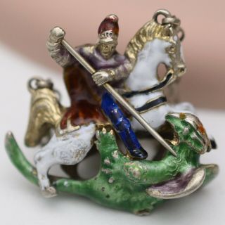 Antique Victorian Silver Austro Hungarian Enamel George Slaying Dragon Pendant