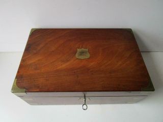 Antique Wooden Writing Slope Box With Key Glass Inkwell And 2 Secret Drawers