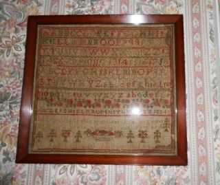 Primitives Antique late 1800 ' s Stitchery Sampler with 1920 ' s frame,  all. 9