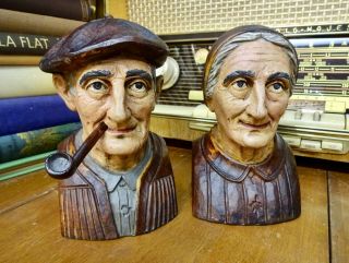 Vintage Jose J.  Aberdi Wood Sculptures Basque Couple Old Man & Woman Bust