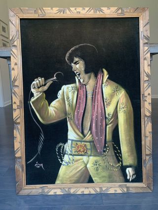 Vintage Elvis Presley Velvet The King Black Velvet Oil Painting Signed Art
