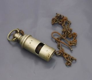 Antique Metal Whistle Marked M R : On Lanyard Chain - Police Or Military