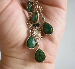 Antique Vintage Natural Green Stone Turquoise (?) Teardrop Wire Wrap Necklace
