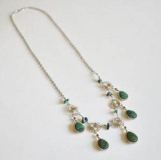Antique Vintage Natural Green Stone Turquoise (?) Teardrop Wire Wrap Necklace 4