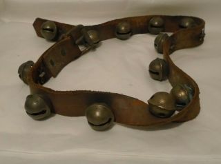 Set 13 Vintage Antique Sleigh Bells On Leather Strap With Buckle Pretty Sound