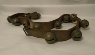 Set 13 Vintage Antique Sleigh Bells On Leather Strap with Buckle Pretty Sound 2