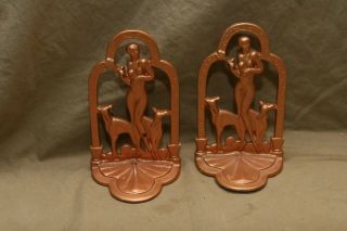 Antique Art Nouveau Nude Woman W 2 Greyhound? Hound Dogs Bookends Copper Paint