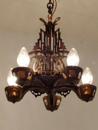 Vintage Antique Art Deco Caste Iron 5 Light Ceiling Fixture Chandelier 1910 - 20