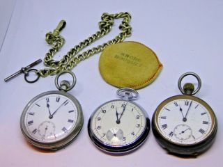 3 X Antique / Vintage Pocket Watches - Thiel / Gun Metal Sopra & Chain