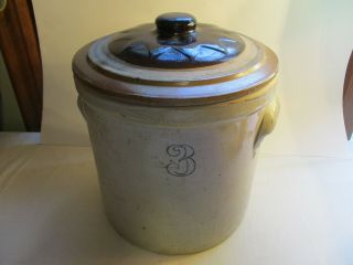 Vintage Salt Glazed Stoneware 3 Gallon Crock With Lid Star Pattern On Lid