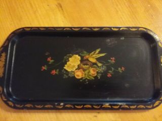 Vintage Hand Paint Metal Black Tole Tray Rectangle Bird W/ Nest & Flowers 15lx7w