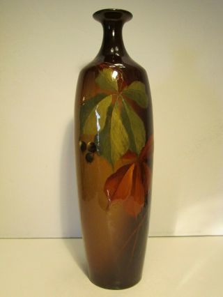 Antique Weller Louwelsa High Gloss Leaves & Berries Decorated 11 " Vase Tiny Top