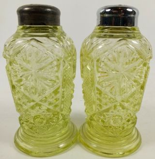 Eapg Antique Canary Yellow Glass Salt & Pepper Shakers Sunburst & Star Pattern