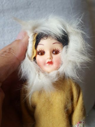 8 " Doll Alaska Eskimo Plastic Doll Real Fur Parka Moveable Brown Eyes Vintage