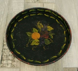 Vtg Antique Round Metal Tole Toleware Black Fruit Serving Tray Painted Lwc