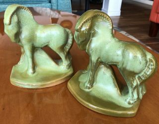 Frankoma Pottery 2 Prairie Green Charger Horse Bookends Rare Antique