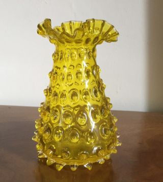 Bright Yellow Vaseline Hobnail Glass Vase With Ruffled Edge Carnival Depression