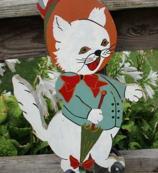 Antique Folk Art Wood Painted Handmade Cat Ct Artist Garden Or Wall Art 1930s