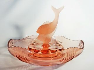 Antique Art Deco Pink Depression Glass Joseph Inwald Fish Float Bowl Set Frog