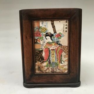 Chinese Natural Grass Pear Box Wood Inlaid Ceramic Handmade Painting G36