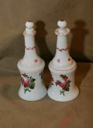 2 Antique Hand Painted Hand Blown Milk Glass Perfume Bottles Broken Pontil Base