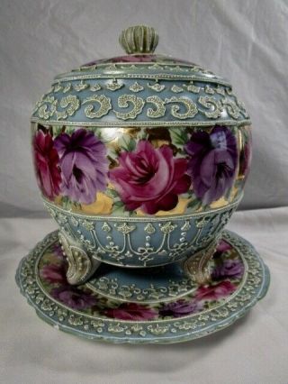 Antique Pre Nippon Hand Painted Porcelain Roses & Moriage Cracker Biscuit Jar