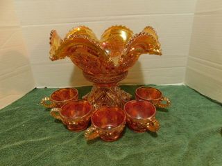 Antique 1910 Marigold Carnival Fashion Punch Bowl Set By Imperial Glass - - 5 Cups