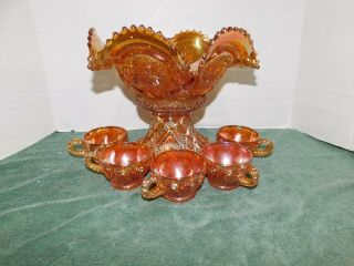 Antique 1910 Marigold Carnival Fashion Punch Bowl Set by Imperial Glass - - 5 Cups 2