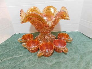 Antique 1910 Marigold Carnival Fashion Punch Bowl Set by Imperial Glass - - 5 Cups 3
