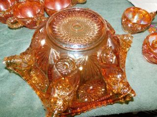 Antique 1910 Marigold Carnival Fashion Punch Bowl Set by Imperial Glass - - 5 Cups 5
