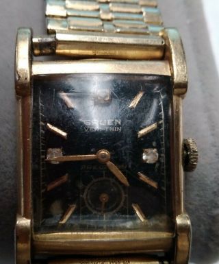 Mens Gruen Veri - Thin Square Black Face Vintage Wrist Watch Speidel Band Runs