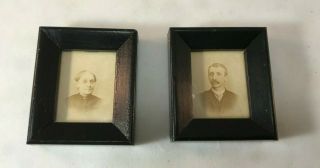Vintage Miniature Photos Of Man And Woman In Black Wood Frames