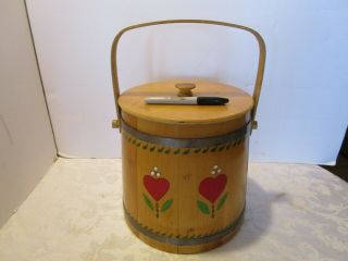Wood Firkin Putney Bucket W/lid & Metal Bands Hand Painted Hearts Signed 11½”h