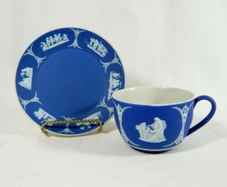 Antique Wedgwood Cobalt Blue Jasperware Tea Cup & Saucer Cupid As Oracle C 1880