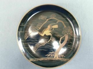 Japanese Lacquer Ware Plate Pine Tree Makie Gold Hawk Vtg Wooden Nurimono Lp6
