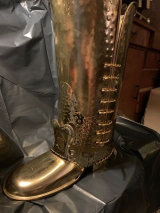 Vintage Brass Boot Umbrella And/or Cane Stand With Decorative Buckle & Spur 21 "