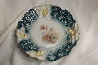 Antique R S Prussia 11 1/2 " Low Bowl With Roses 4 Raised Iris Unsigned No Chips