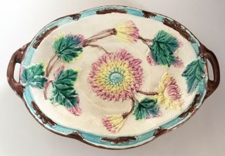 Antique Majolica Handled Tray Plate/platter Pink Flowers Green Leaves