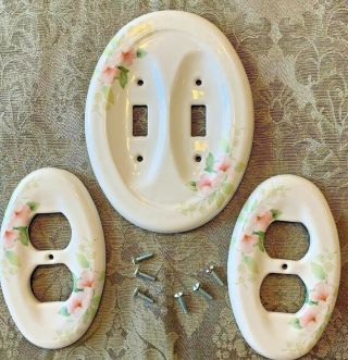 Ceramic Double Light Switch Plate,  2 Outlet Covers Pink Oval Shabby Chic White