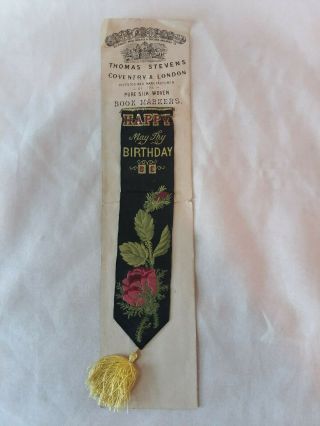 Vintage Antique Thomas Stevens Happy Birthday Silk Woven Bookmark
