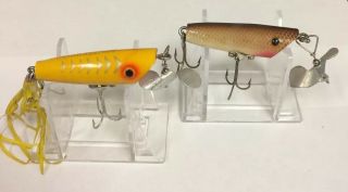 Two Vintage Arbogast Sputterbug Fishing Lures Yellow Shore Brown Scale