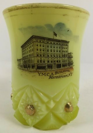 Eapg Antique Custard / Vaseline Glass Spooner Souvenir Of Ymca In Watertown Ny