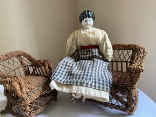 Antique 14 In.  1890 German China Head Doll Low Brow With Wicker Set
