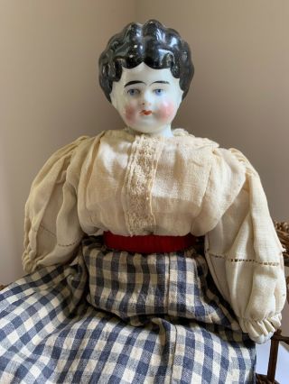 Antique 14 In.  1890 German China Head Doll Low Brow With Wicker Set 2