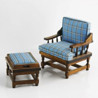 Vtg Blue Upholstered Arm Chair And Ottoman Wood Dollhouse Miniature 1:12 Scale