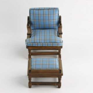 VTG Blue Upholstered Arm Chair and Ottoman Wood Dollhouse Miniature 1:12 Scale 2