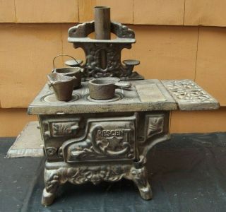 Antique Crescent Cast Iron Wood Burning Stove Salesman Sample Toy W/ Accessories